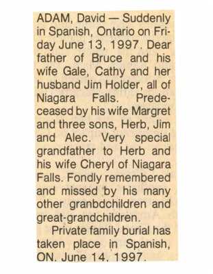 Obituary - Adam, David - June 13, 1997