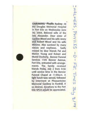 Obituary - CHALMERS, Phyllis - July 3, 2004