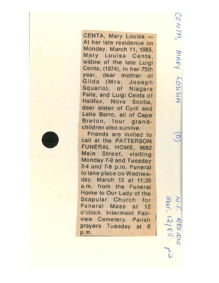 Obituary - CENTA,  Mary Louisa - March 12, 1985