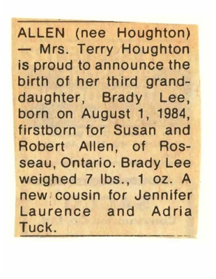 Birth Notice - Allen, Brady Lee - August 1, 1984