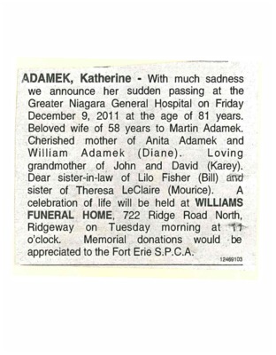 Obituary - Adamek, Katherine - December 9, 2011