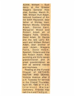 Obituary - Adam, William - March 31, 1985