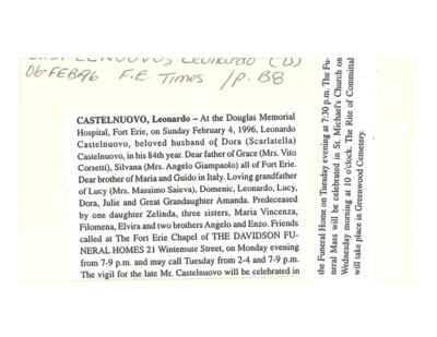 Obituary - CASTELNUOVO, Leonardo - February 6, 1996