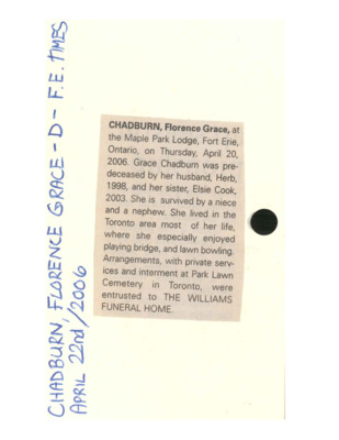 Obituary - CHADBURN, Florence Grace - April 22, 2006
