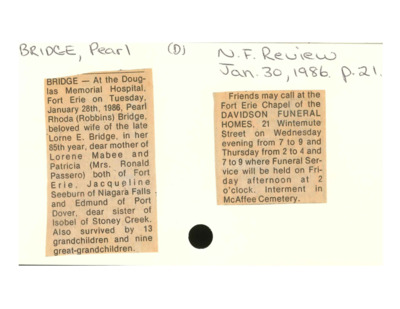 Obituary - Bridge, Pearl - January 30, 1986