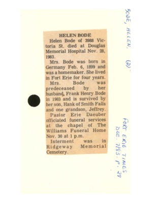 Obituary - Bode, Helen - December 7, 1983
