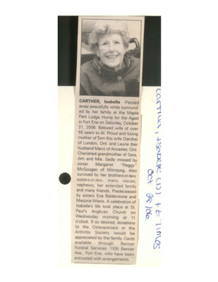 Obituary - CARTHER, Isabelle - October 28, 2006