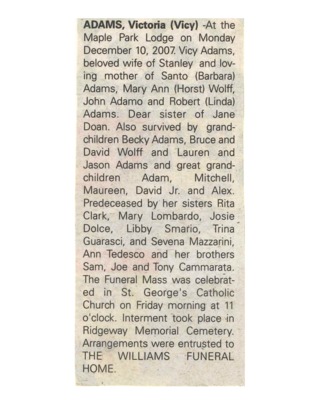 Obituary - Adams, Victoria - December 10, 2007