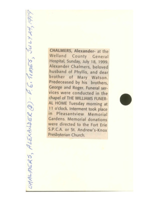 Obituary - CHALMERS, Alexander - July 24, 1999