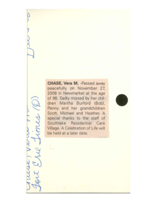 Obituary - CHASE, Vera - November 27, 2008