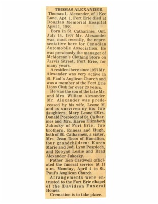 Obituary - Alexander, Thomas - April 5, 1988