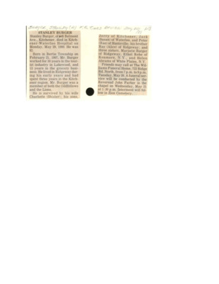 Obituary - Burger, Stanley - August 20, 1989