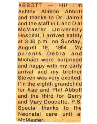 Birth - Abbot, Ashley - August 19, 1984