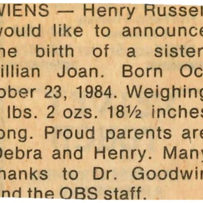 Birth notice - Wiens, Jill - October 23, 1984