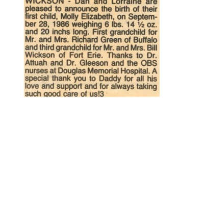Birth notice - Wickson, Molly - September 28, 1986