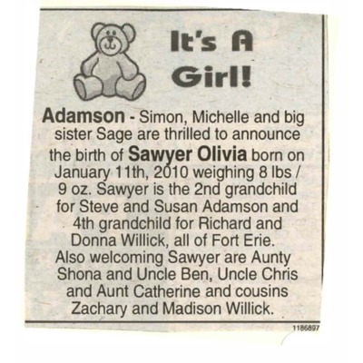 Birth Notice - Adamson, Sawyer Olivia - January 11, 2010