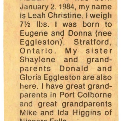 Birth - Abbey, Leah Christine - January 2, 1984
