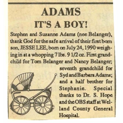 Birth Notice - Adams, Jesse Lee - July 24, 1990