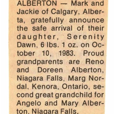 Birth Notice - Alberton, Serenity Dawn - October 10, 1983