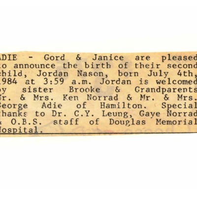 Birth Notice - Adie, Jordan - July 4, 1984