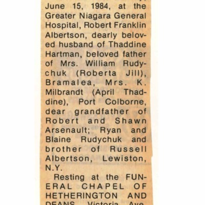 Obituary - Albertson, Robert - June 15, 1984