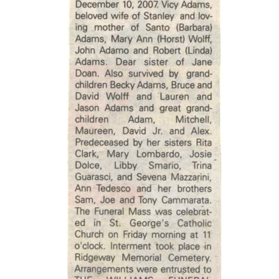 Obituary - Adams, Victoria - December 10, 2007