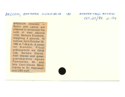 Obituary - Brisson, Barbara - October 27, 1984