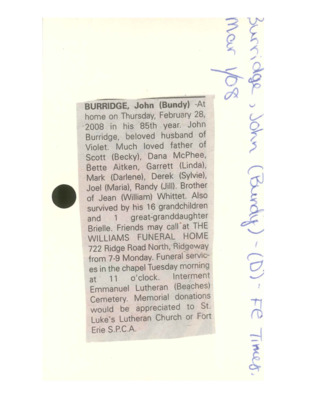 Obituary - Burridge, John - March 1, 2008