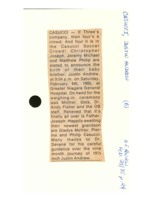 Birth Notice - CASUCCI, Justin Andrew - February 23, 1985