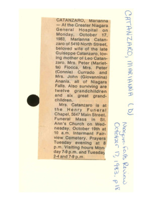 Obituary - CATANZARO, Marianna - October 17, 1983