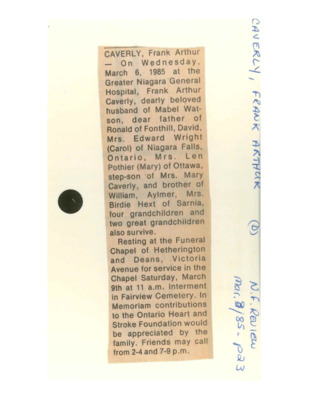 OBITUARY - Caverly, Frank - March 8, 1985