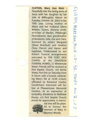 Obituary - CLIFTON, Mary - November 1, 2003
