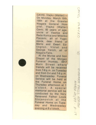 Obituary- CAVIC, Vlajko - March 20, 1984