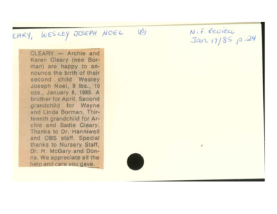 Birth Notice - CLEARY, Wesley Joseph Noel - January 17, 1985