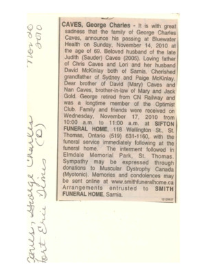 Obituary - CAVES, George Charles - November 20, 2010