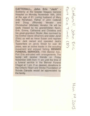 Obituary - CATTERALL, John - November 19, 2015