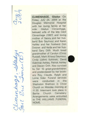 Obituary - CLIMENHAGE, Gladys - August 1, 2009