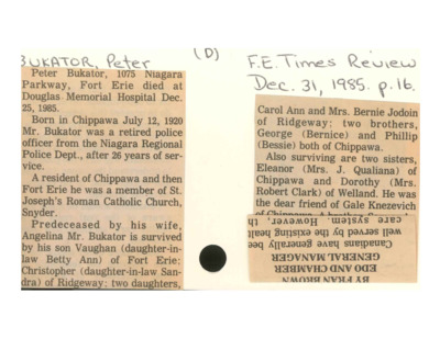 Obituary - Bukator, Peter - December 31, 1985