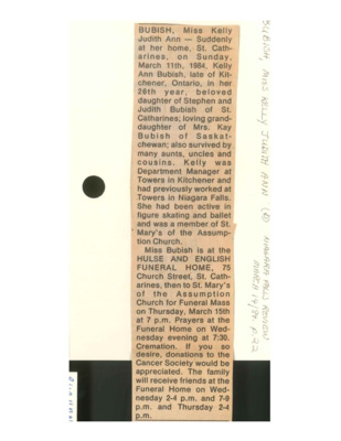 Obituary - Bubish, Kelly Ann - March 14, 1984