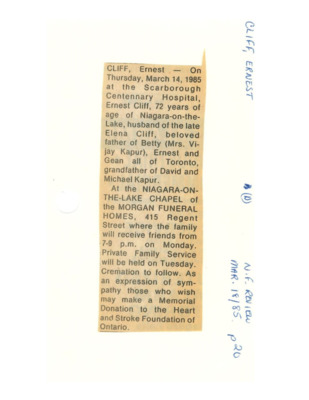 Obituary - CLIFF, Ernest - March 18, 1985