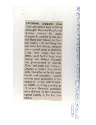 Obituary - Breynton, Margaret - January 22, 2005