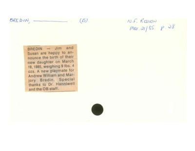 Birth Notice - Bredin Baby - March 21, 1985