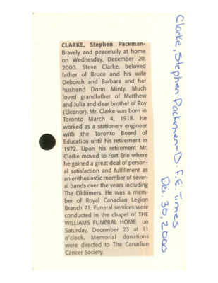 Obituary - CLARKE, Stephen Packman - December 30, 2000