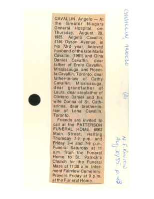 OBITUARY - Cavallin, Angelo - August 30, 1985