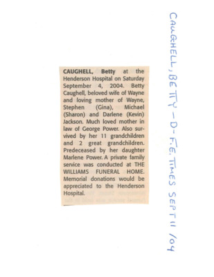 Obituary - CAUGHELL, Betty - September 11, 2004