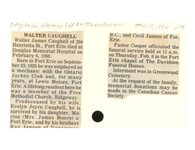 Obituary - CAUGHELL, Walter - February 23, 1990
