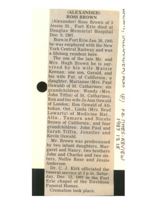 Obituary - Brown, Ross - December 15, 1987