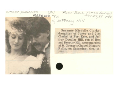 Marriage Announcement - CLARKE, Suzanne/HILL, Jeffrey - November 29, 1988
