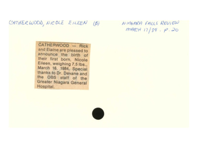 Birth Notice - CATHERWOOD, Nicole - March 17, 1984