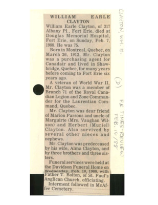 Obitiary - CLAYTON, William Earle - February 16, 1988